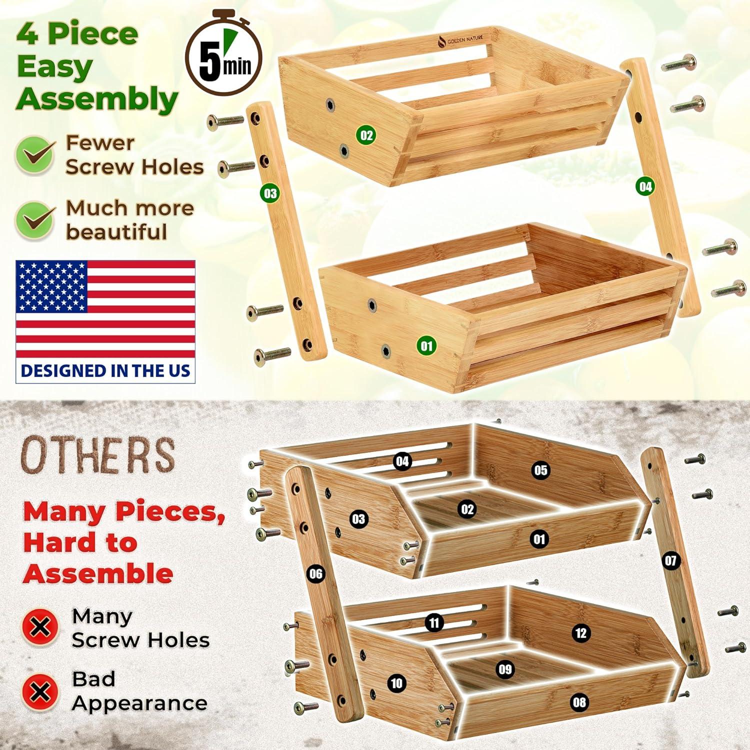 Bamboo Basket for Kitchen Counter Fruit & Vegetable Storage, Two Tier Wooden Fruit Bowl by Golden Nature