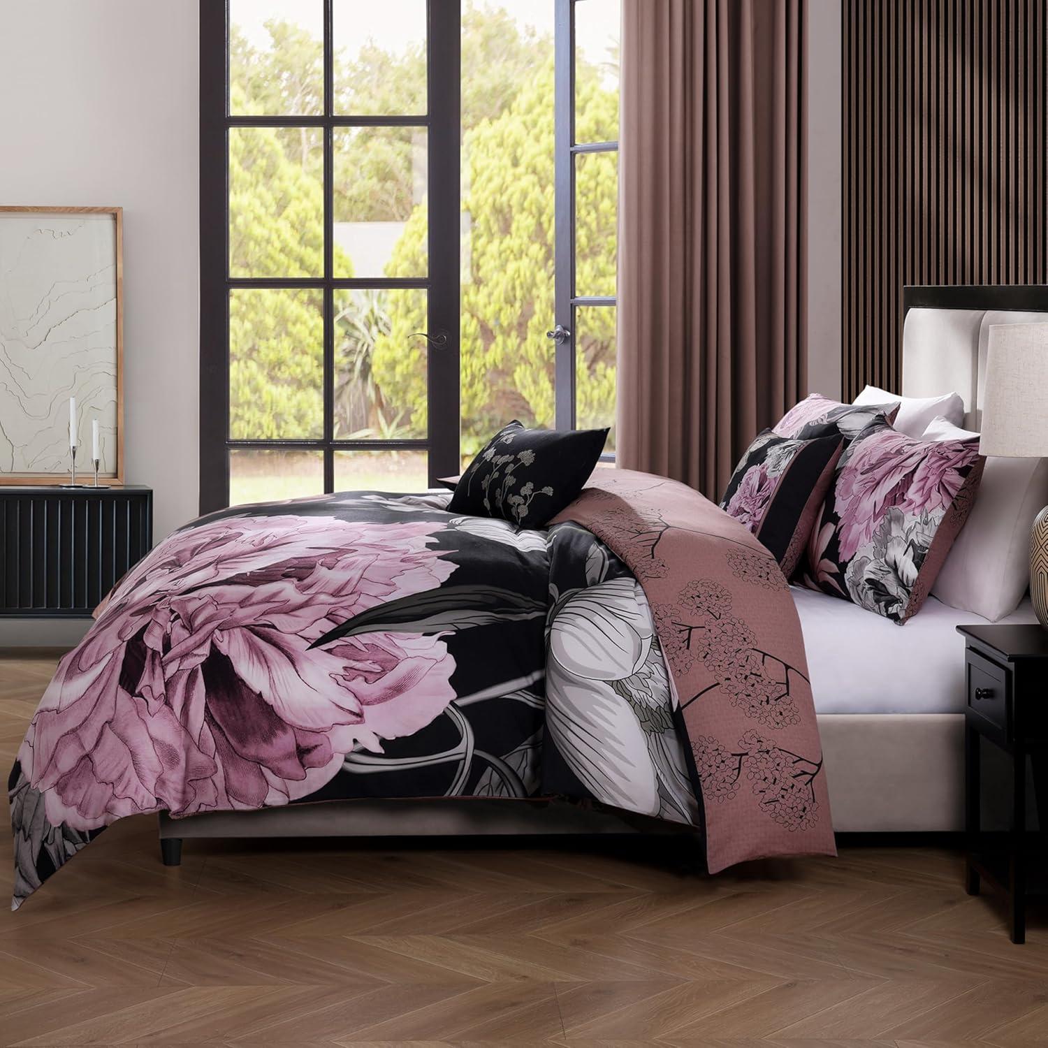 BeBeJan Bebejan Cool Pink Roses 200 Thread Count 100% Cotton Sateen 5-Piece Reversible Comforter Set