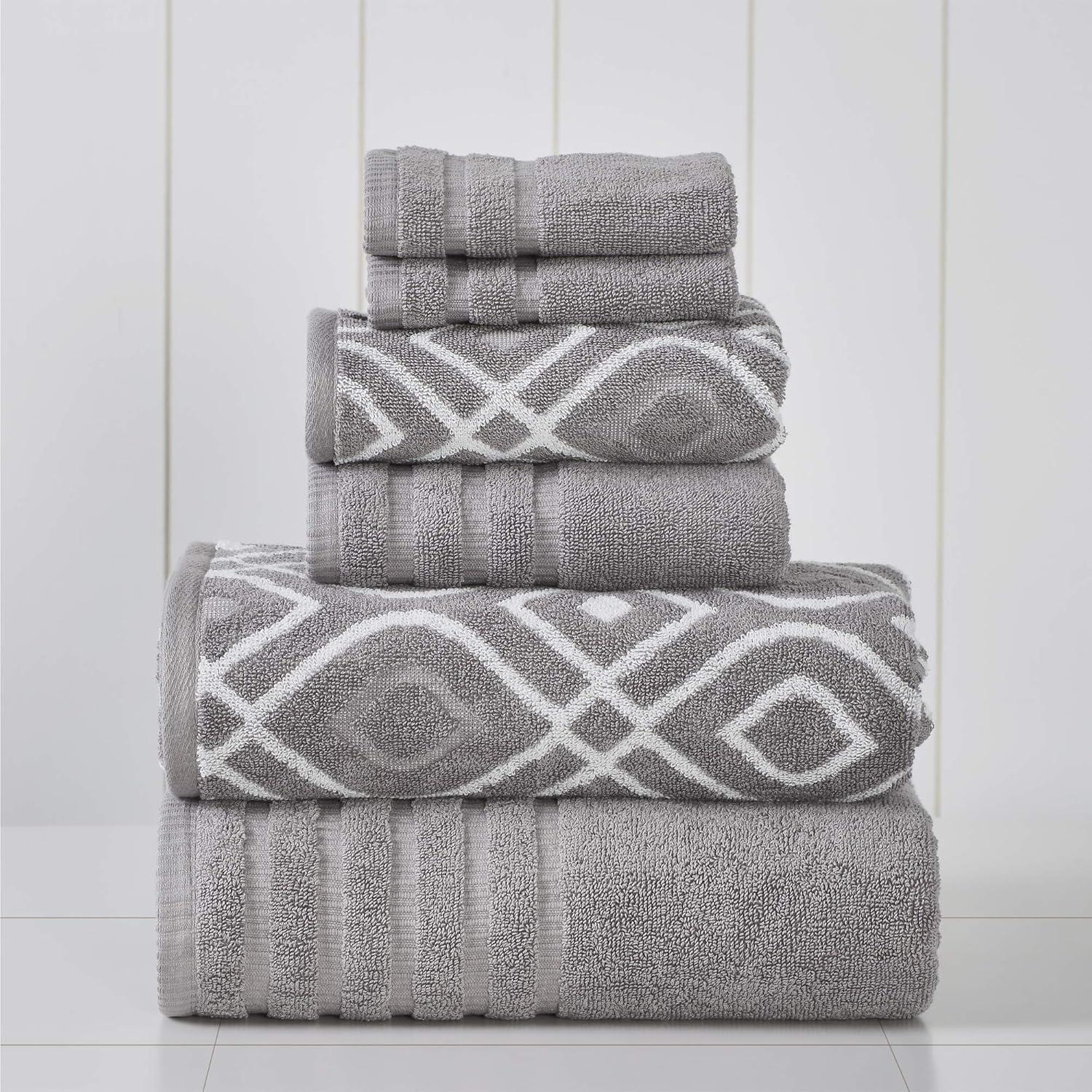 Modern Threads 6 Piece Set, 2 Bath Towels, 2 Hand Towels, 2 Washcloths Yarn Dyed Jacquard/Solid Towel Set Oxford