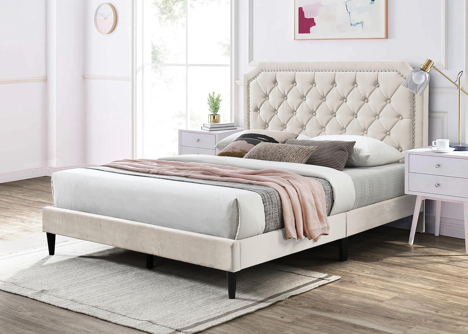 Urban Home Furniture Ava Plush Velvet Tufted Buttoned Upholstered Headboard Clipped Edge Nailhead Decorated Platform Bed Frame with Wood Slats Support Legs Full - Beige