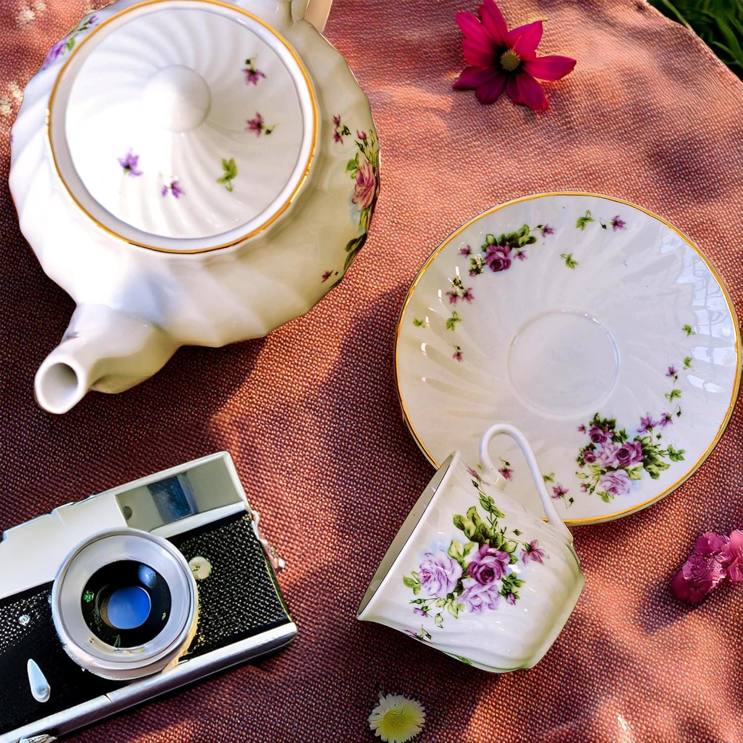 Lucinda Floral Ceramic Teacup and Saucer Set with Gold Trim