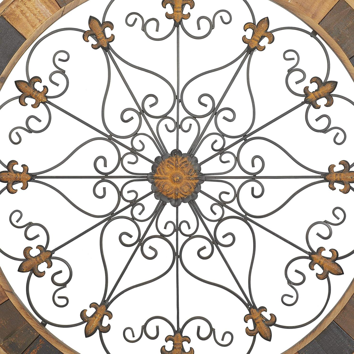 Rustic Arabesque Scroll 35" Round Wood & Iron Wall Decor