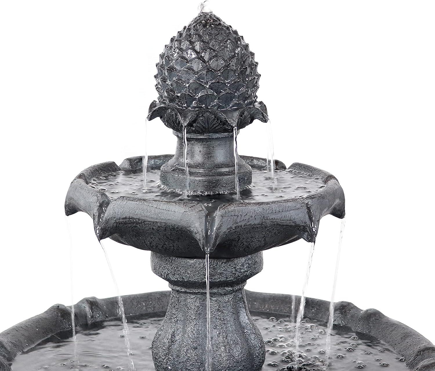 Sunnydaze Outdoor 2-Tier Solar Powered Pineapple Top Water Fountain with Battery Backup and Submersible Pump - 46" - Black