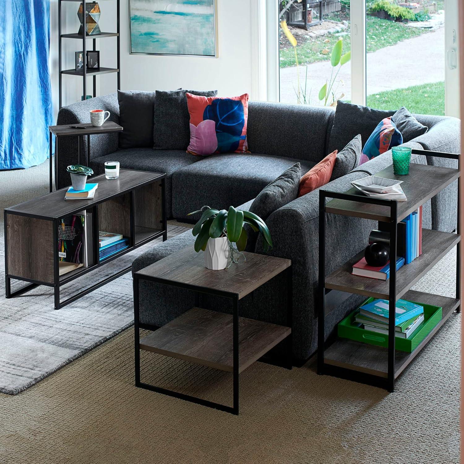 Ashwood and Black Metal Square End Table with Storage Shelf