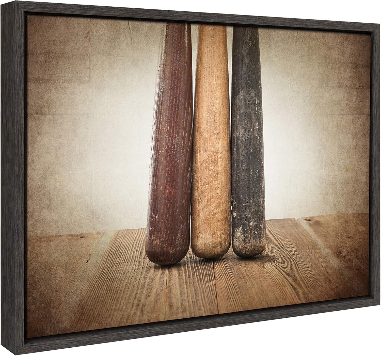 18"x24" Sylvie Three Vintage Bats Framed Canvas by Shawn St. Peter Gray - DesignOvation: Sports Artwork, Wall Decorations