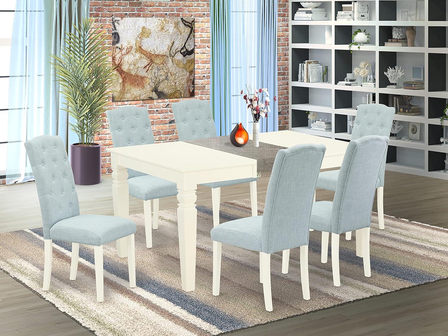 Linen White 7-Piece Dining Set with Baby Blue Chairs