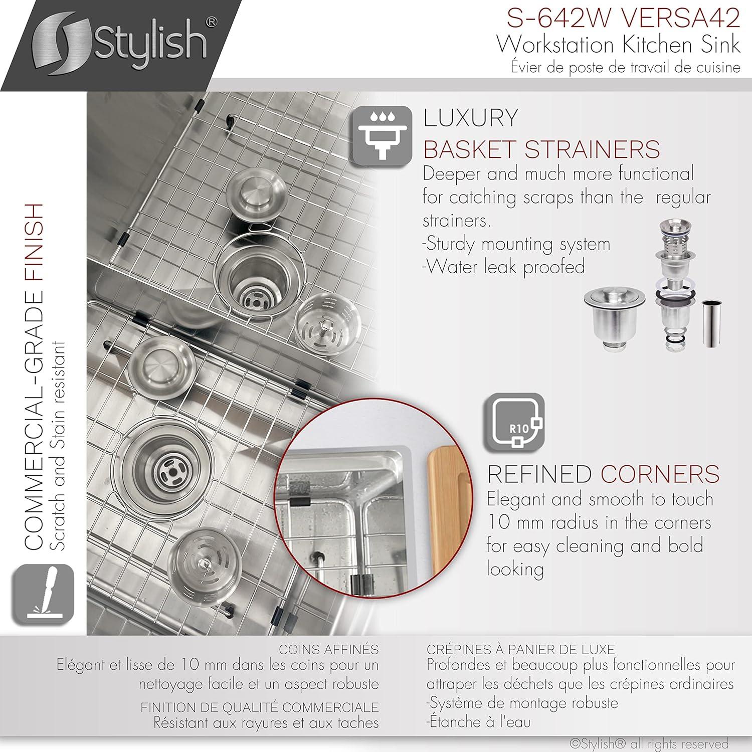 Versa STYLISH 42 inch Stainless Steel Workstation 70/30 Double Bowl Undermount Kitchen Sink with Accessories included