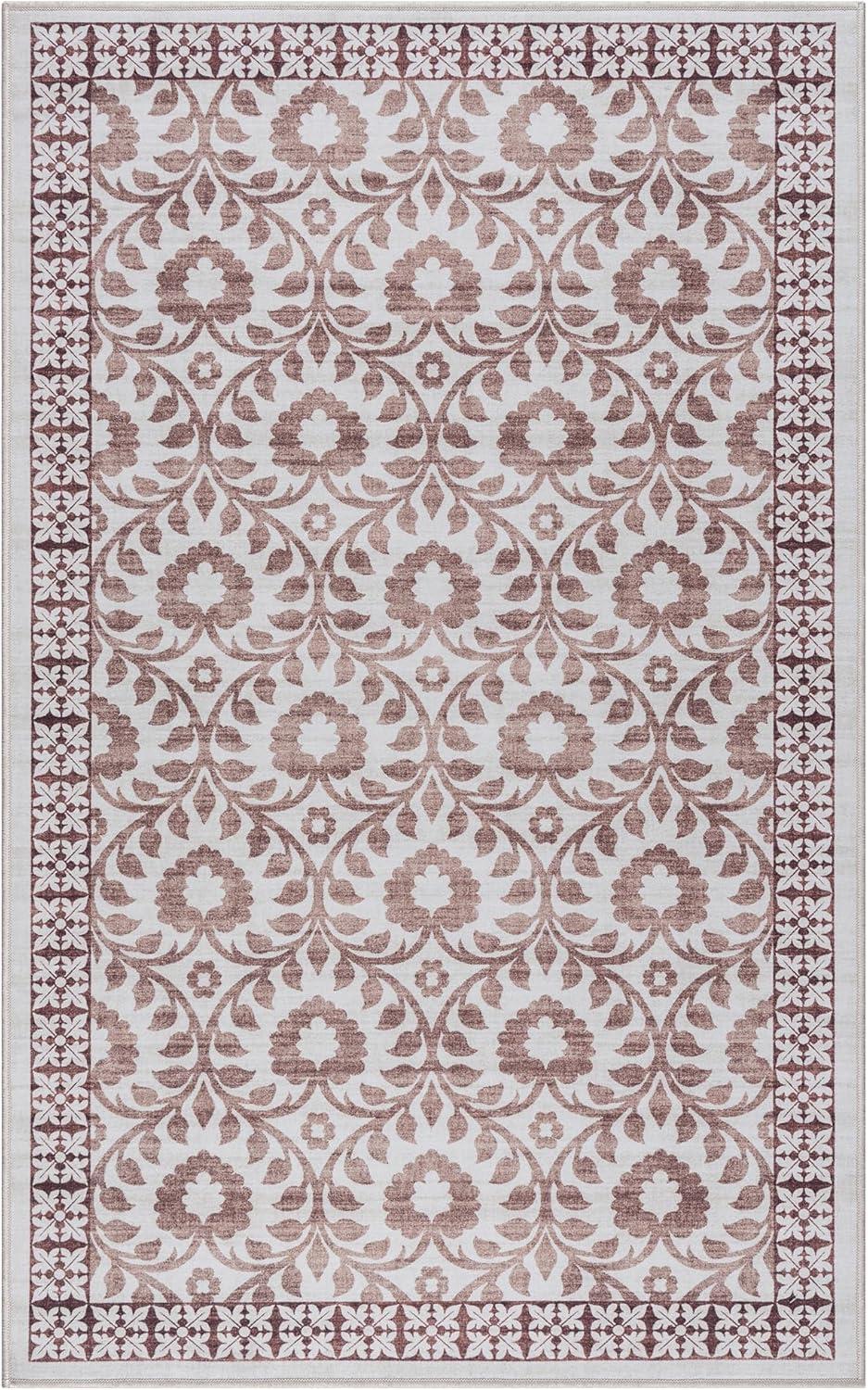 Ivory and Red Floral Synthetic Washable Area Rug