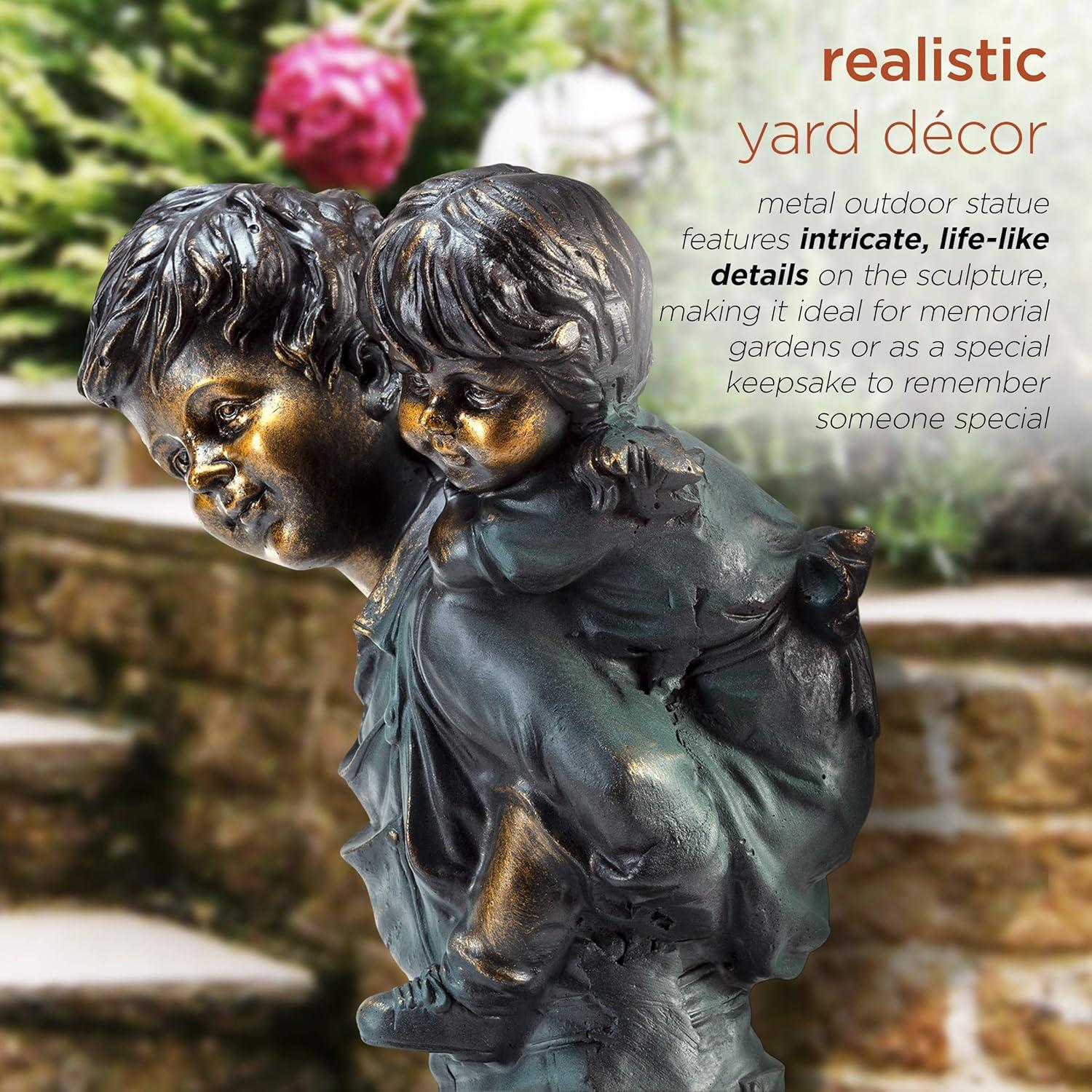 Alpine Corporation 16" Polyresin Girl and Boy with Dog Sitting on Bench Sculpture Bronze: Durable Outdoor Decor, Magnesium Oxide, Rust-Resistant