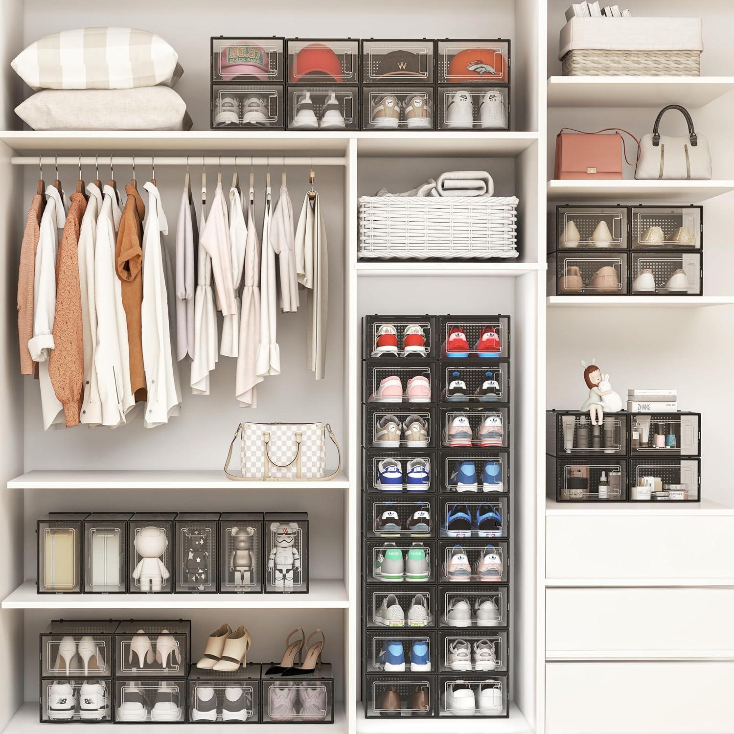 12 Pack Clear Plastic Stackable Shoe Storage Bins with Black Frame