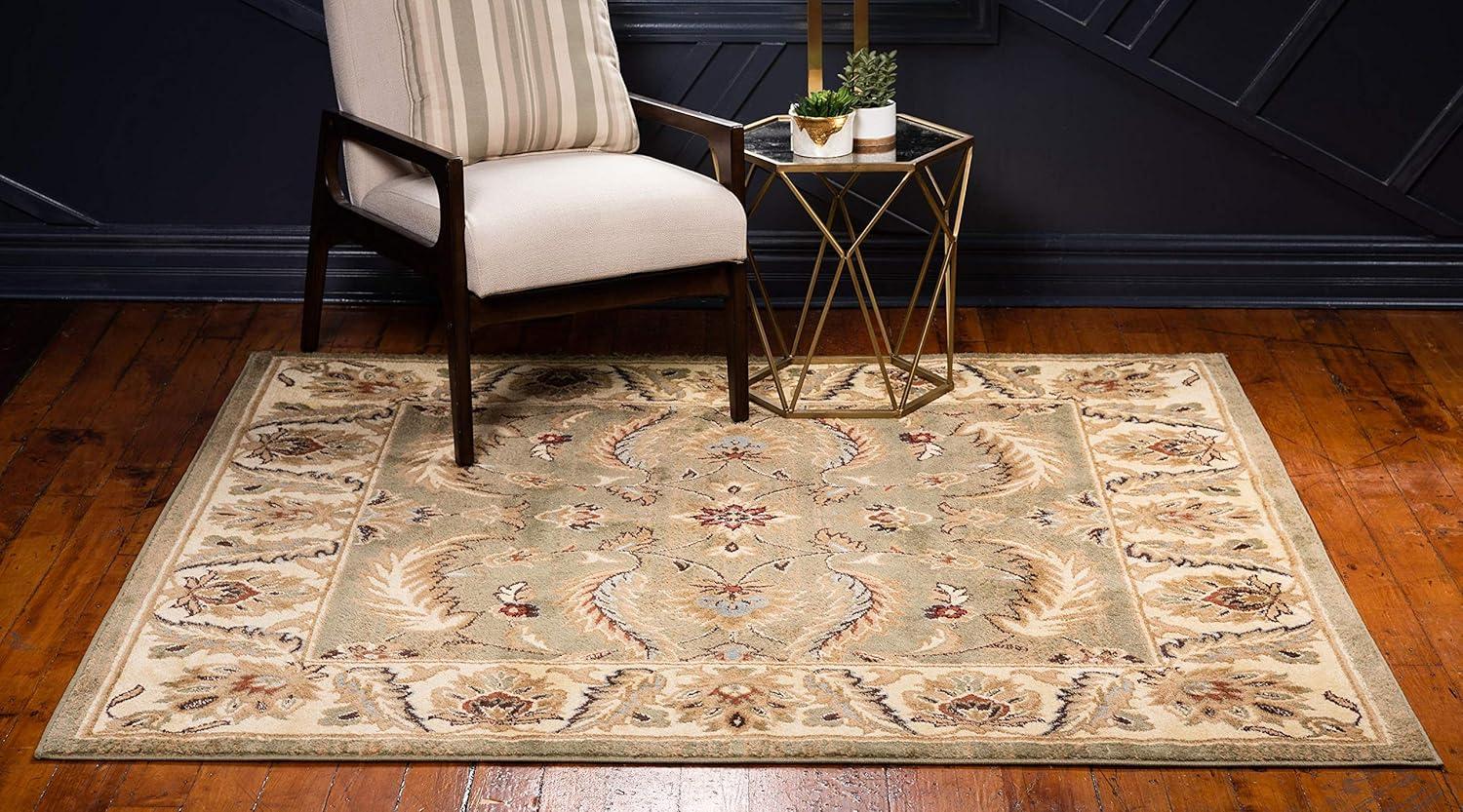 Green Floral Square Stain-Resistant Synthetic Area Rug