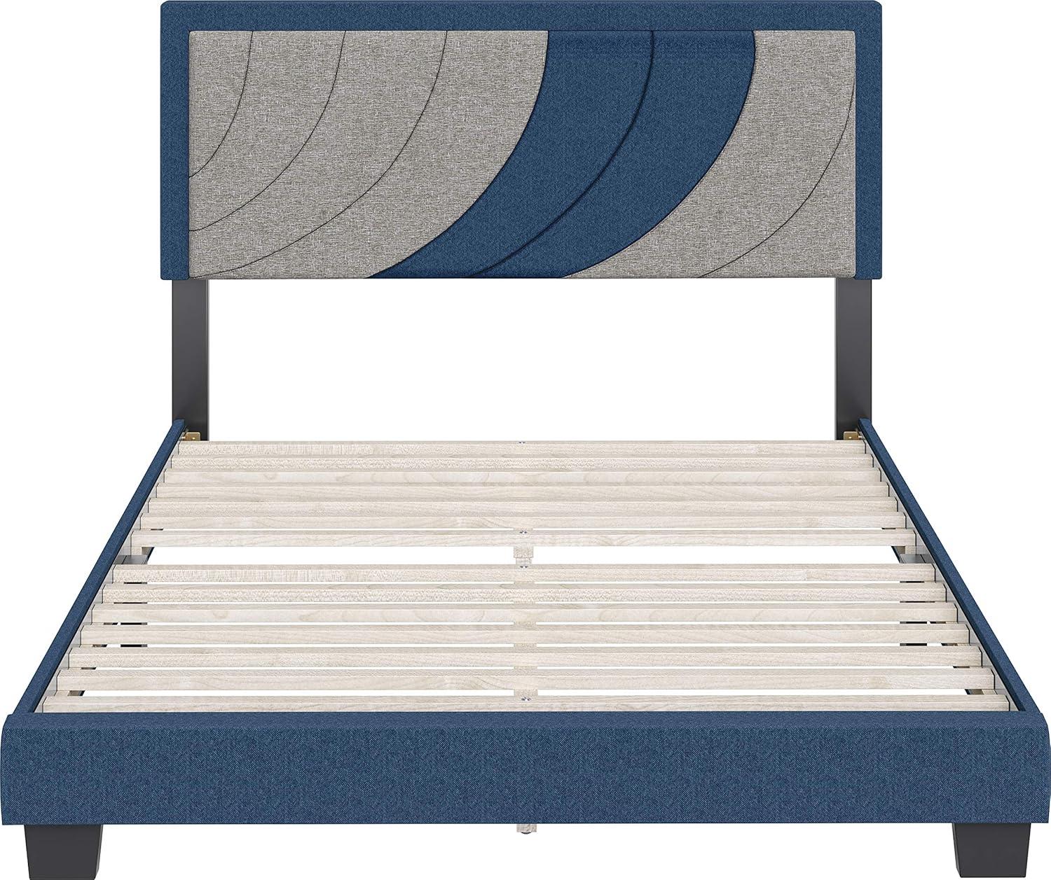 King Blue and Gray Linen Upholstered Platform Bed with Tufted Headboard