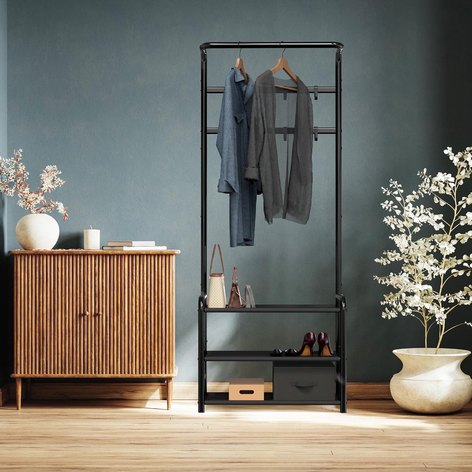 Simple Houseware Coat Rack with Storage Shelf and Shoe Rack for Entryway, Black