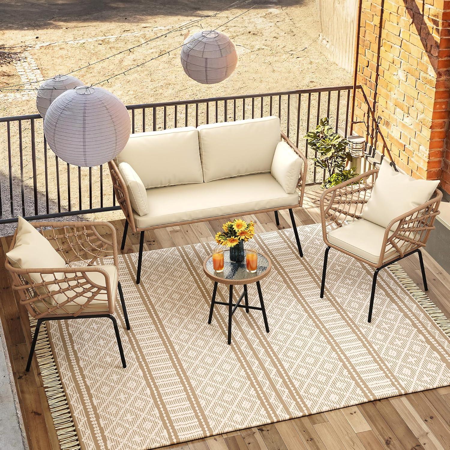 Beige Wicker and Steel Outdoor Sectional Loveseat with Cushions