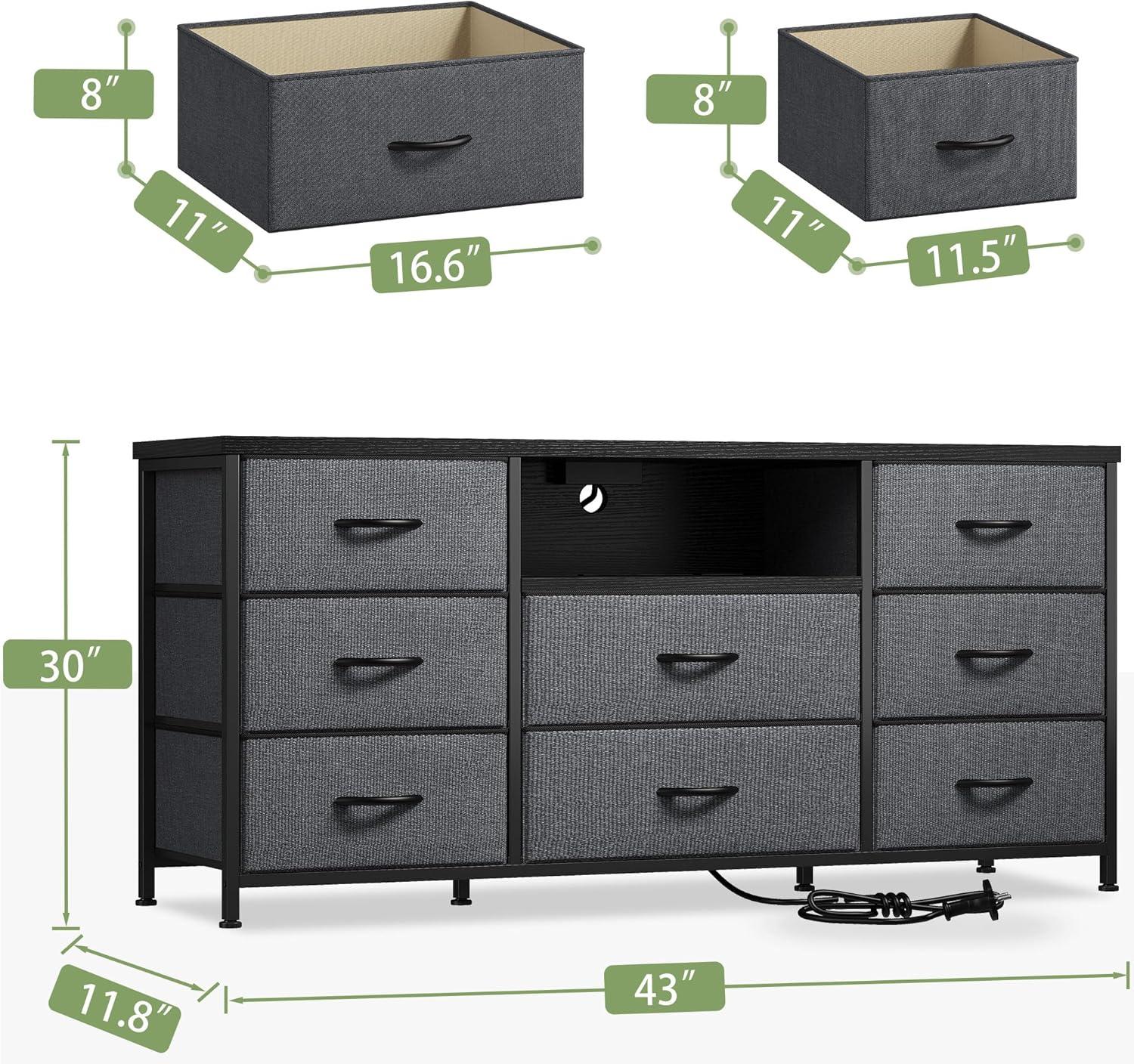 Lwory Dresser TV Stand with Power Outlet Entertainment Center with 8 Fabric Deep Drawers Media Console Table for 55" TV Wide Storage Drawer Dresser for Bedroom, Living Room, Entryway, Grey