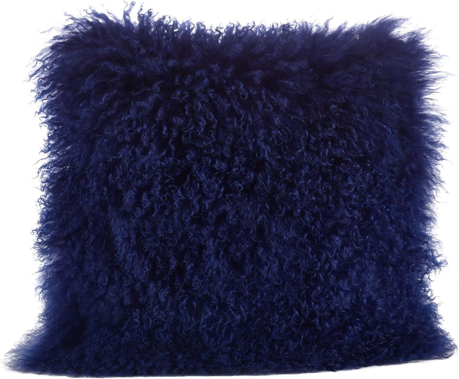 Cobalt Blue 16" Square Mongolian Lamb Wool Fur Throw Pillow