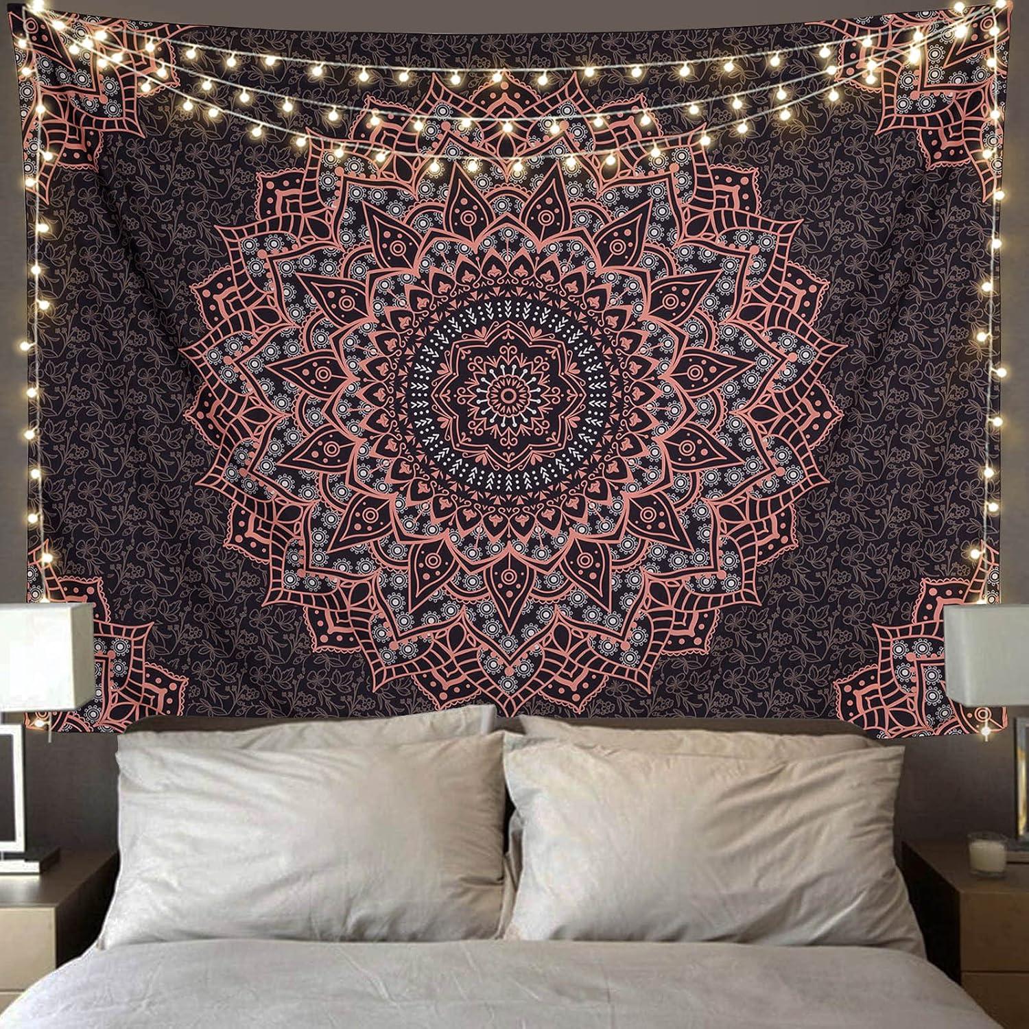 Black and Pink Mandala Polyester Bohemian Tapestry