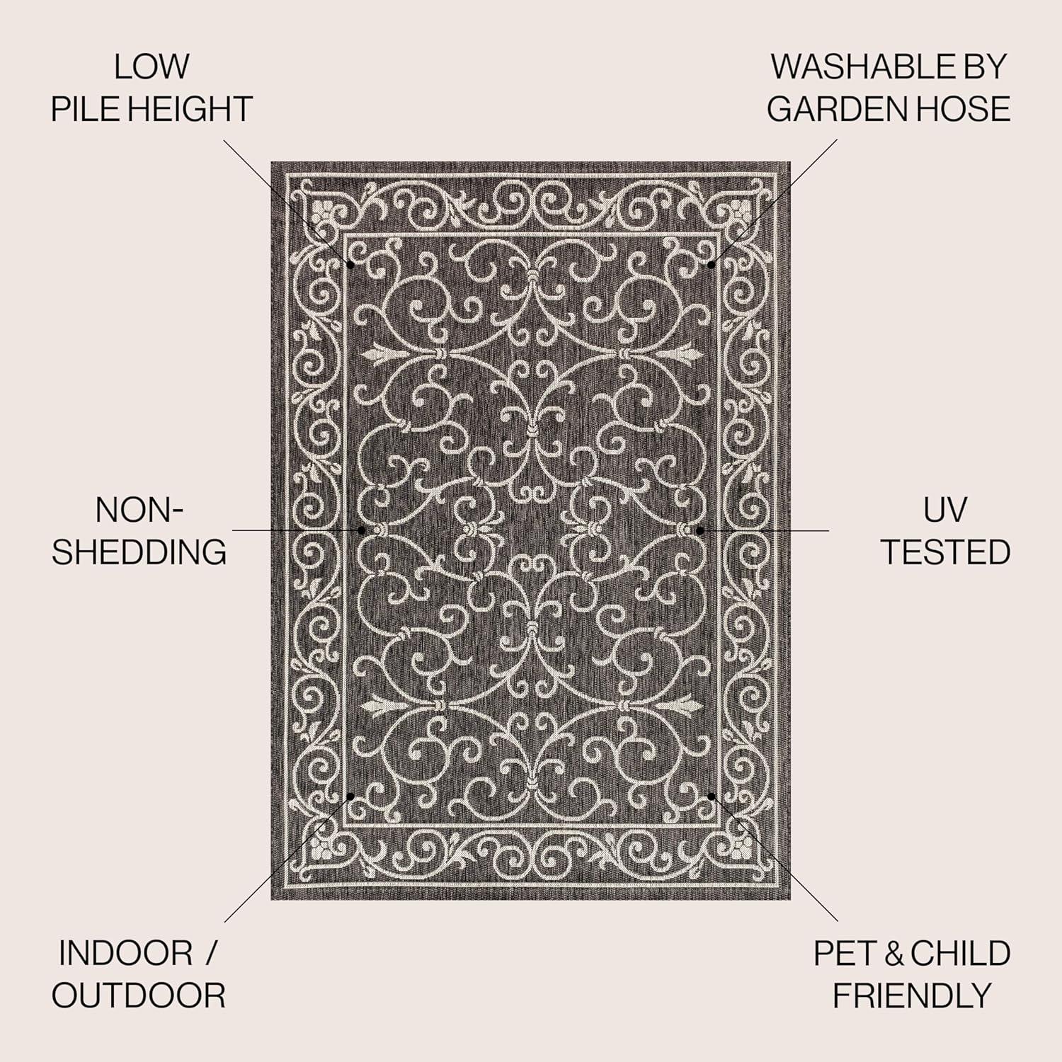 4'x6' Charleston Vintage Filigree Textured Weave Indoor/Outdoor Area Rug, Black/Gray - JONATHAN Y