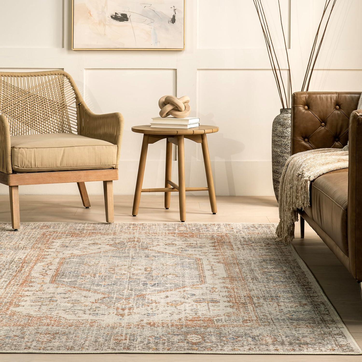 Nuloom 8x10 Machine Washable Rain Haven Vintage Medallion Indoor Area Rug, Light Grey Non-Slip Backing, Stain Resistant,  BedroomLiving Room, Kitchen