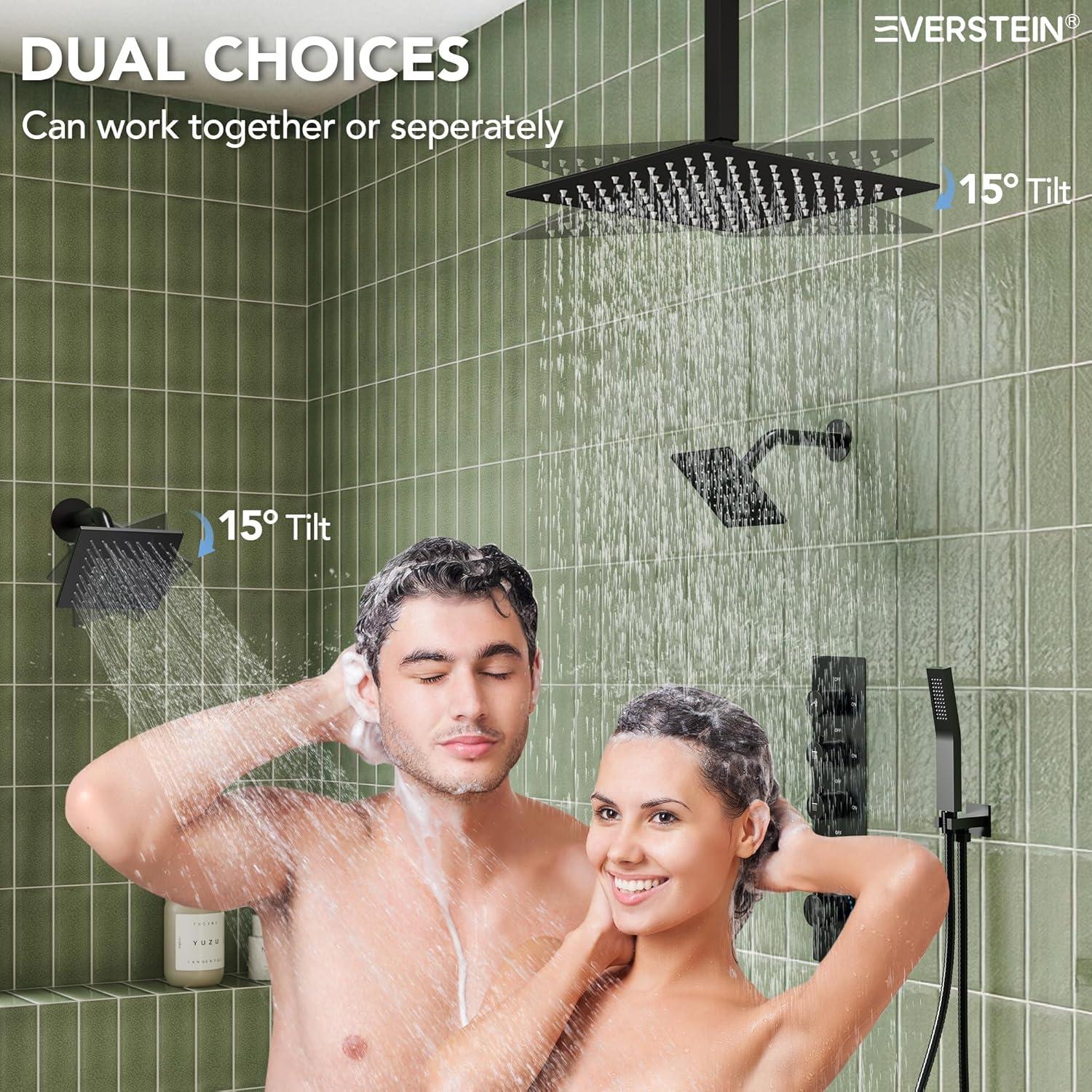 15-Spray Patterns 16" & 6" Triple Shower Heads, Shower FaucetSystem with Thermostatic Rough-in Valve
