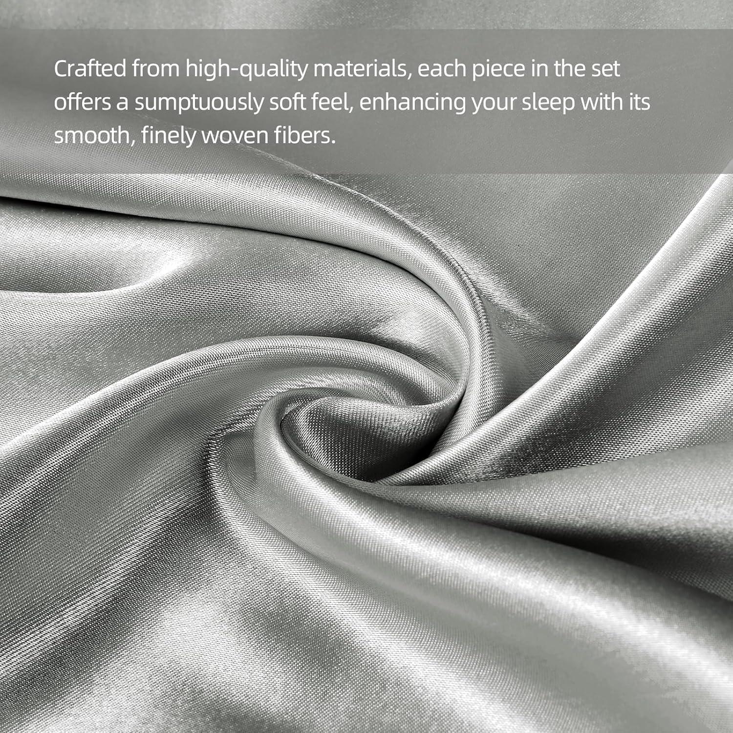 ANMINY Satin Sheets Queen Silk Sheets Gray Bed Sheet Set Deep Pocket Bed Flat Fitted Sheet, 4-Pieces