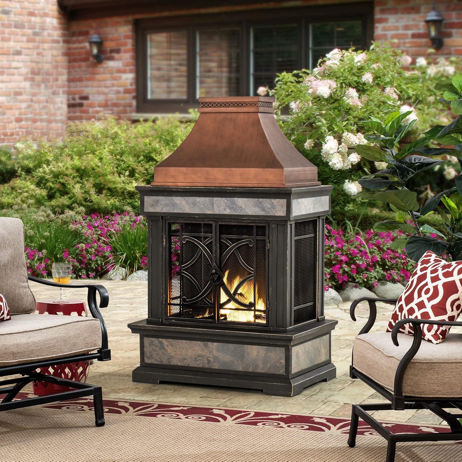 Copper and Gray Tile Outdoor Wood Burning Fireplace