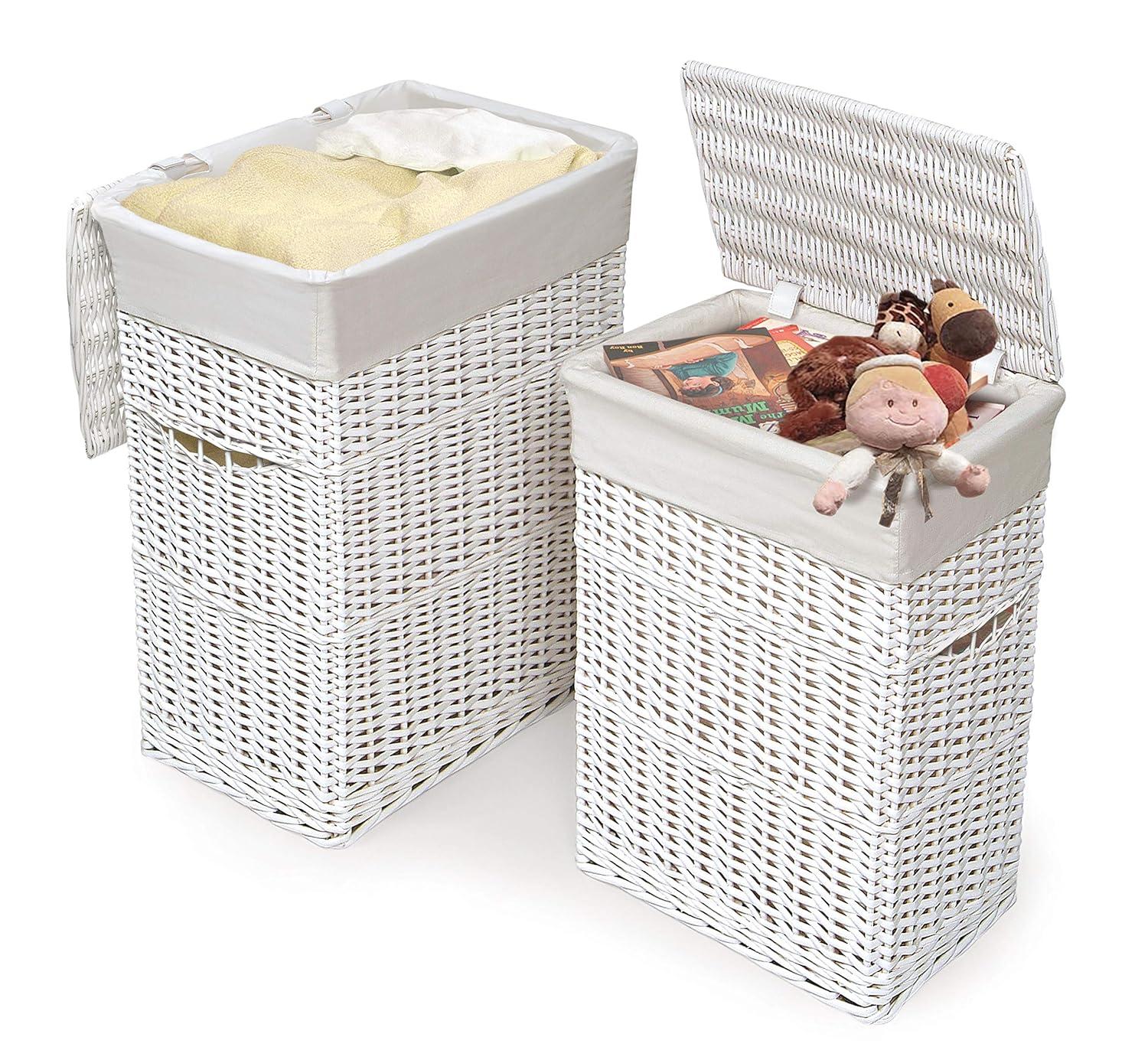 Badger Basket Wicker Two Hamper Set with Liners - White