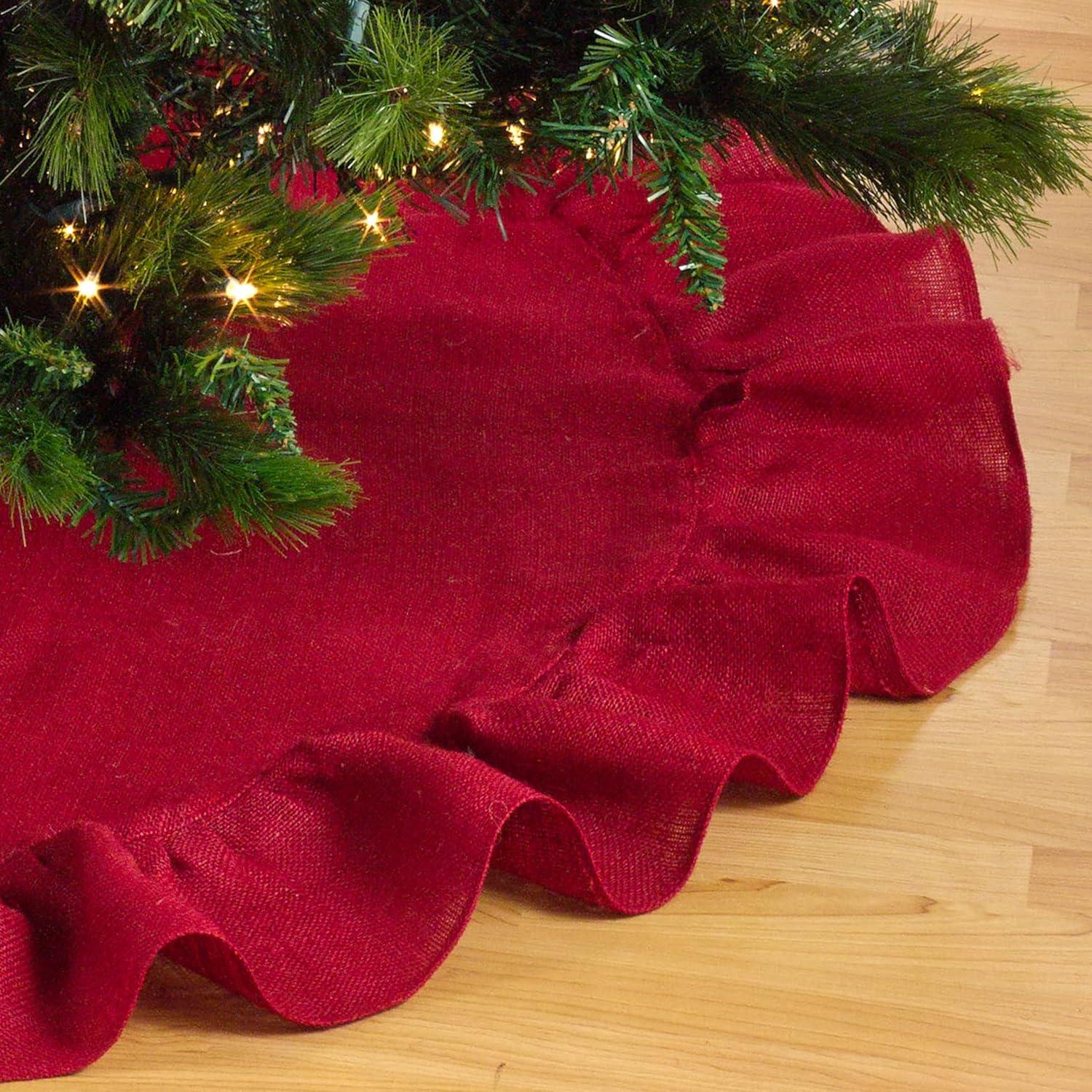 Saro Lifestyle Saro Lifestyle Jute Christmas Tree Skirt With Ruffled Design, Red, 53"
