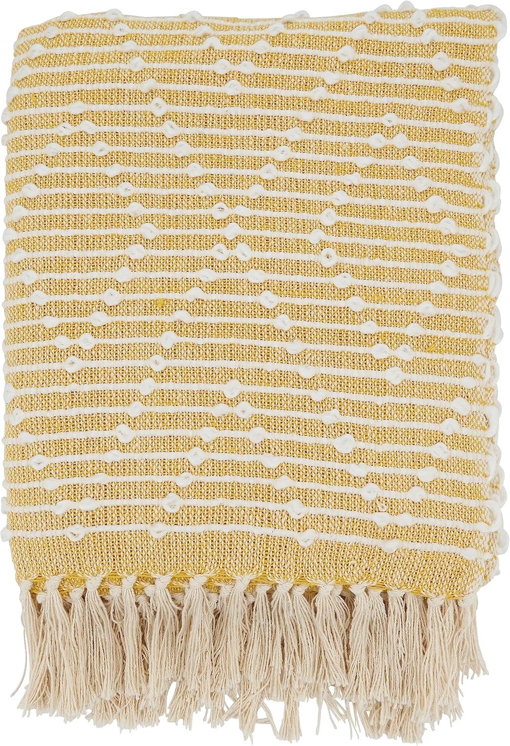 Yellow and White Diamond Woven Throw Blanket with Tassels