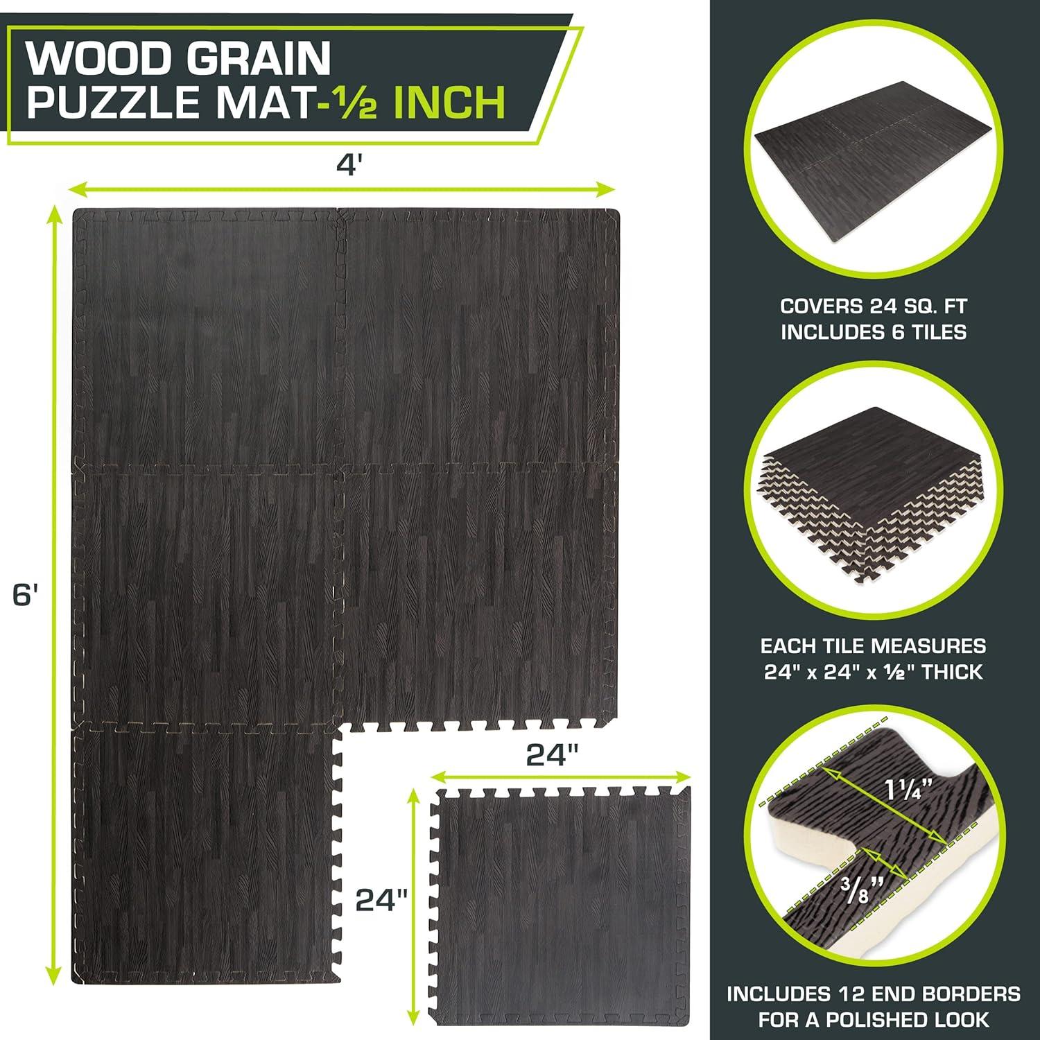 ProsourceFit Wood Grain Puzzle Mat 1/2-in, Carbon Black, 24 Sq Ft - 6 Tiles