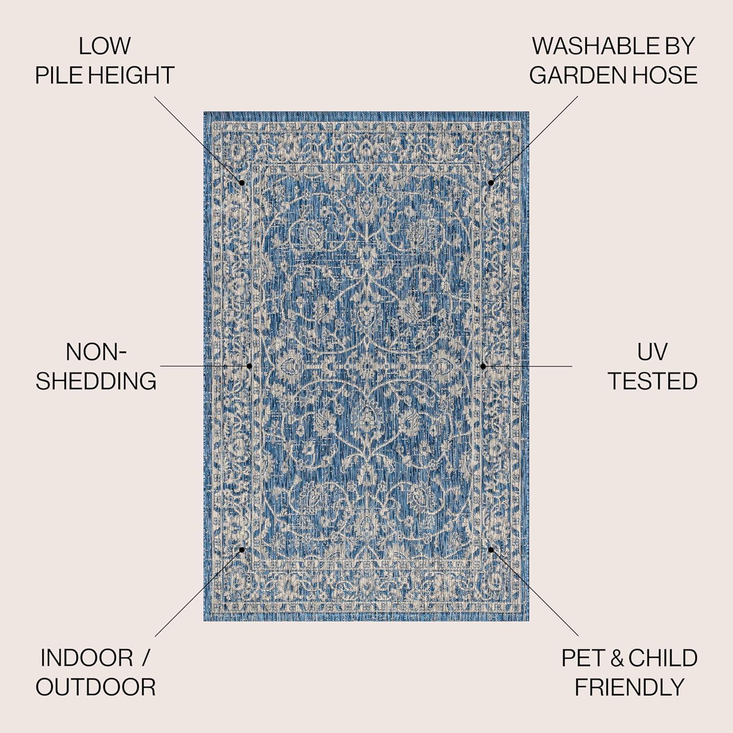 5' Round Palazzo Vine and Border Textured Weave Indoor/Outdoor Area Rug, Navy/Gray - JONATHAN Y