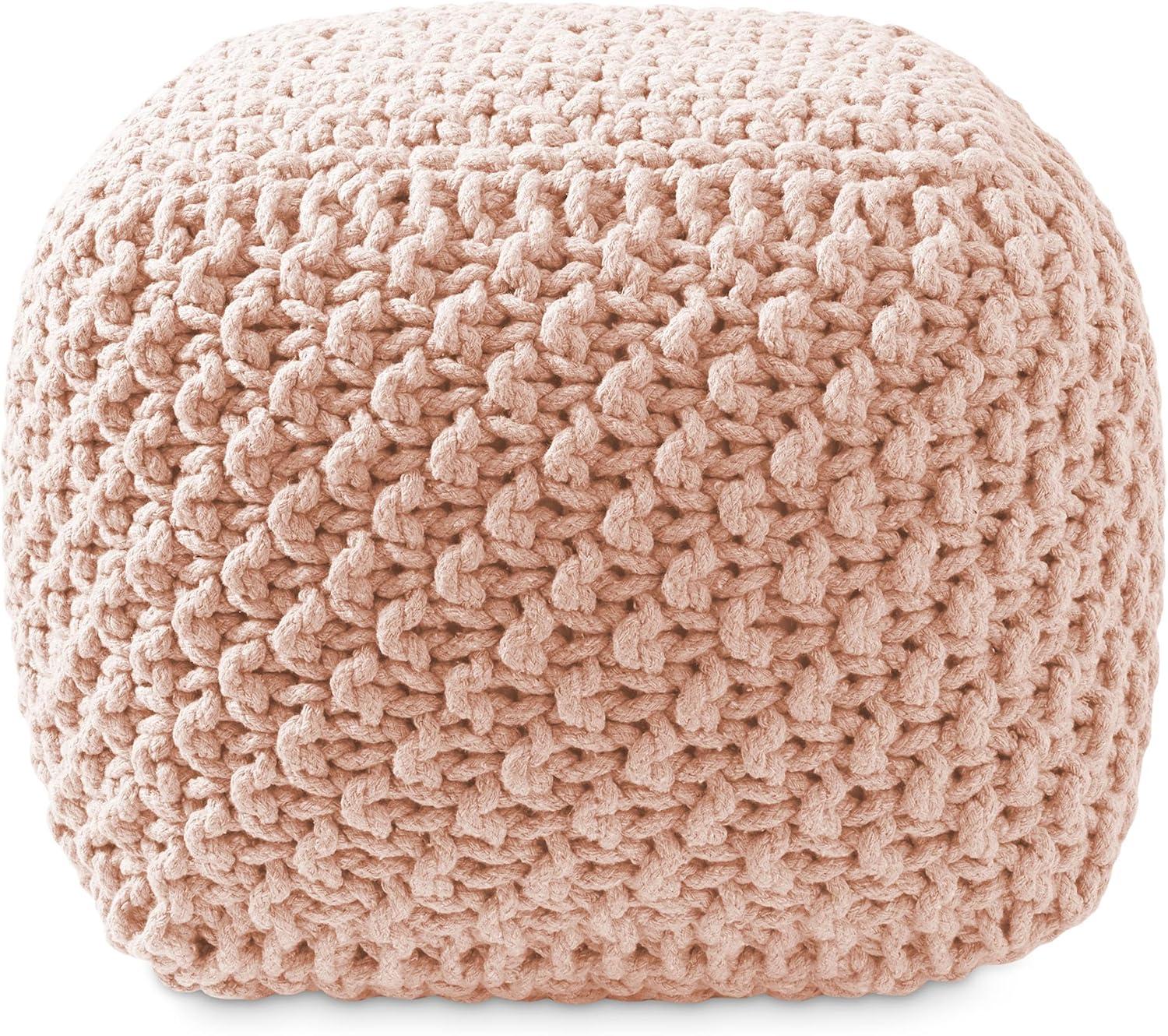 Casafield Square Pouf Ottoman, Light Pink - 18.5" W x 18.5" D x 14.5" H Cotton Knit Foot Stool - Boho Floor Pouffe for Living Room
