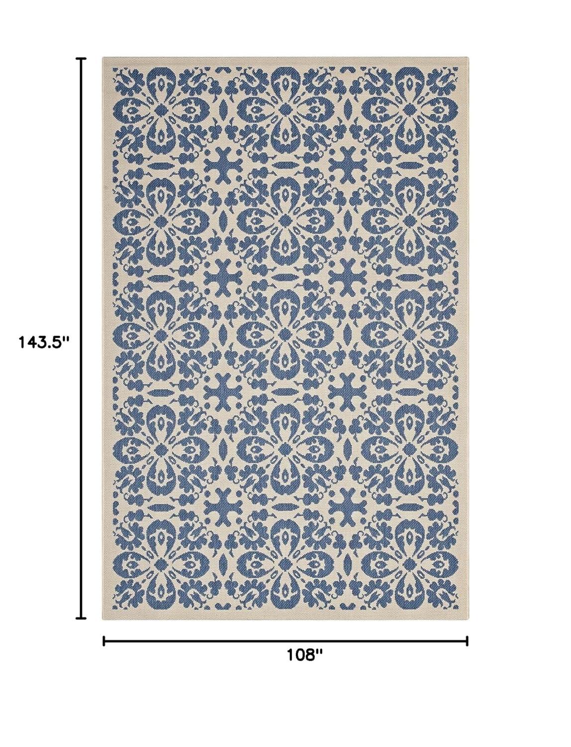 Modway Ariana Vintage Floral Trellis 9x12 Indoor and Outdoor Area Rug – Blue and Beige – Large Weather-Resistant Low Pile Rug for Patio or Living Room