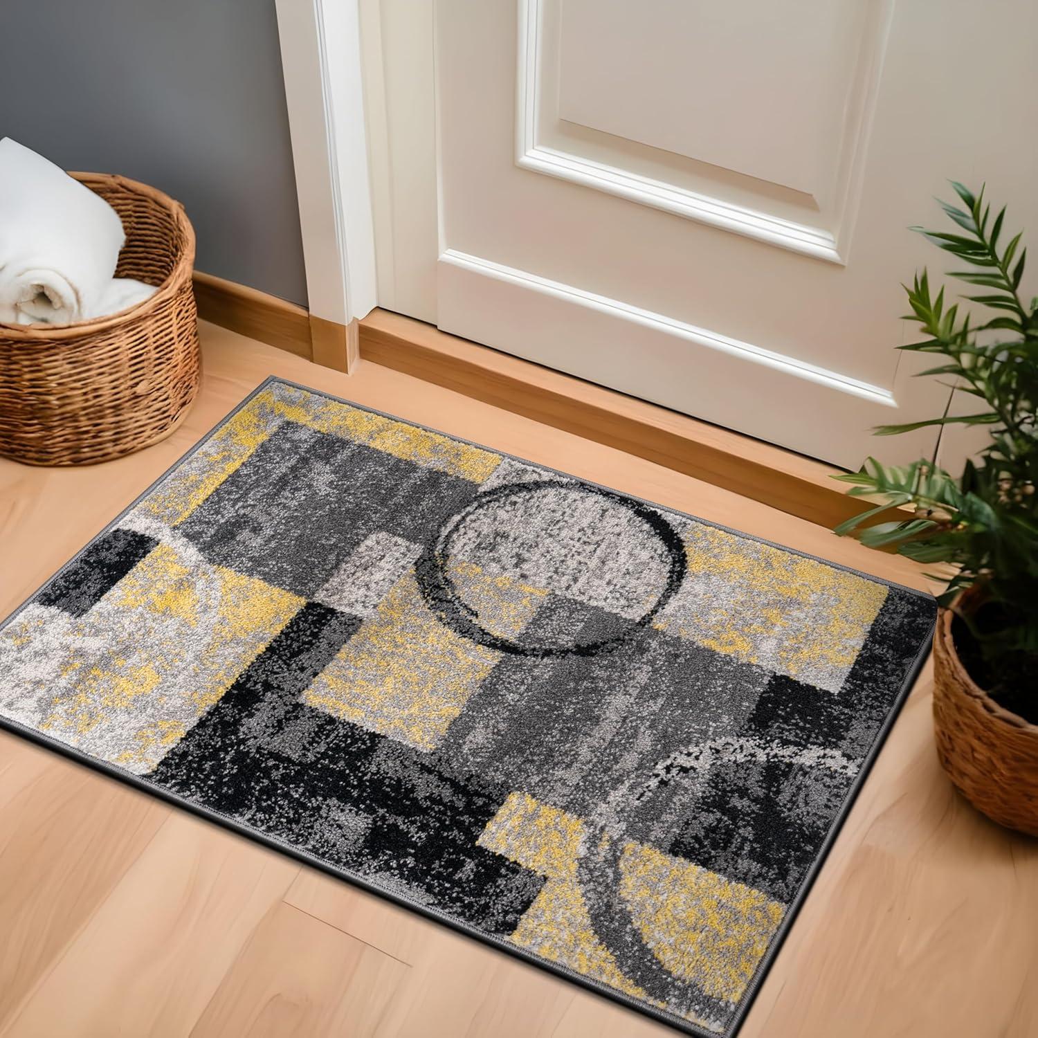 Yellow and Gray Abstract Circle Design Area Rug 2' x 3'