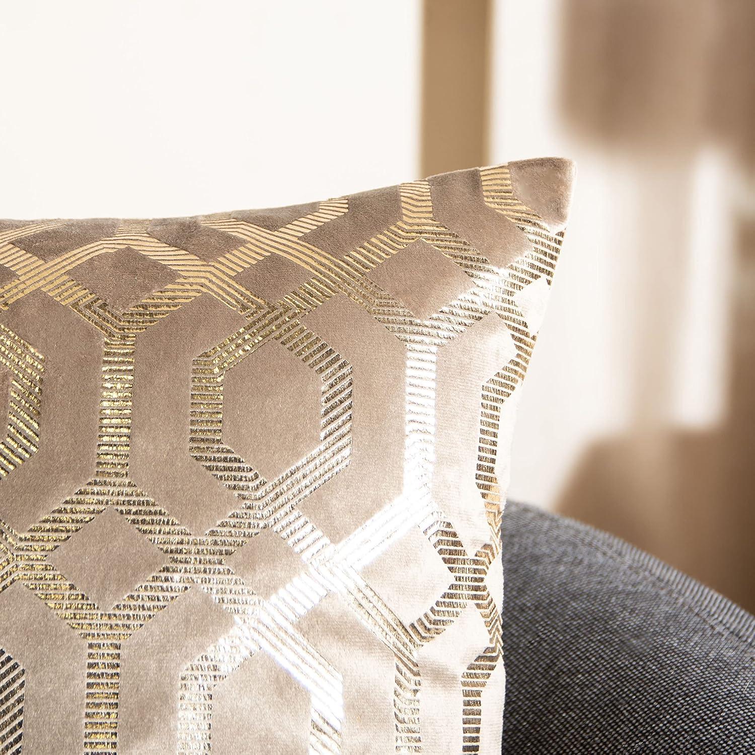 Taupe and Gold Geometric Art Deco Square Pillow