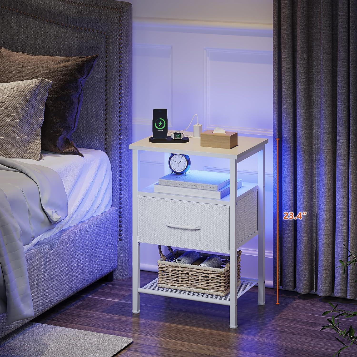 End Table with Charging Station, Narrow Side Table with 2 Fabric Drawers, Skinny Nightstand with LED Light, Slim Bedside Table for Bedroom, Living Room, Small Spaces, White