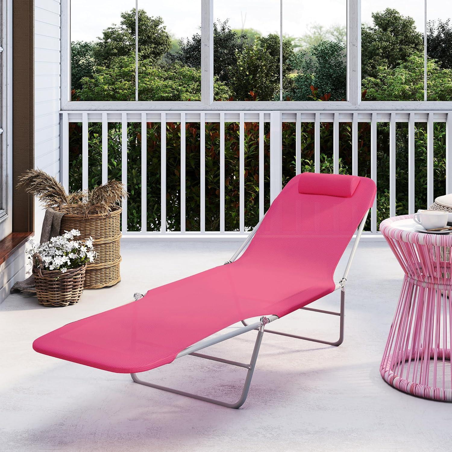 Outsunny Foldable Outdoor Chaise Lounge Chair, 5-Level Reclining Camping Tanning Chair with Breathable Mesh Fabric and Headrest, Pink