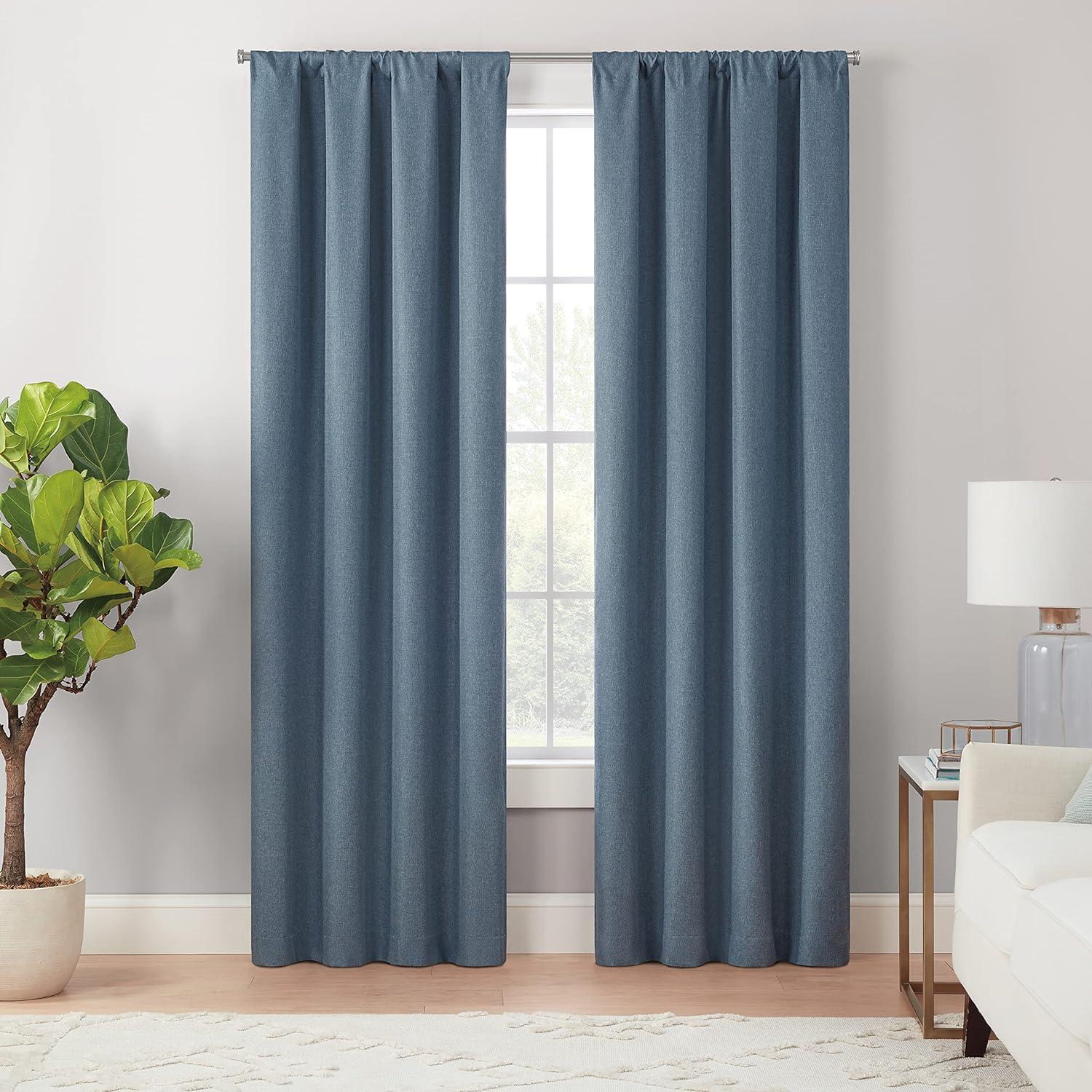 Denim Blue Polyester Blackout Rod Pocket Curtain Panel