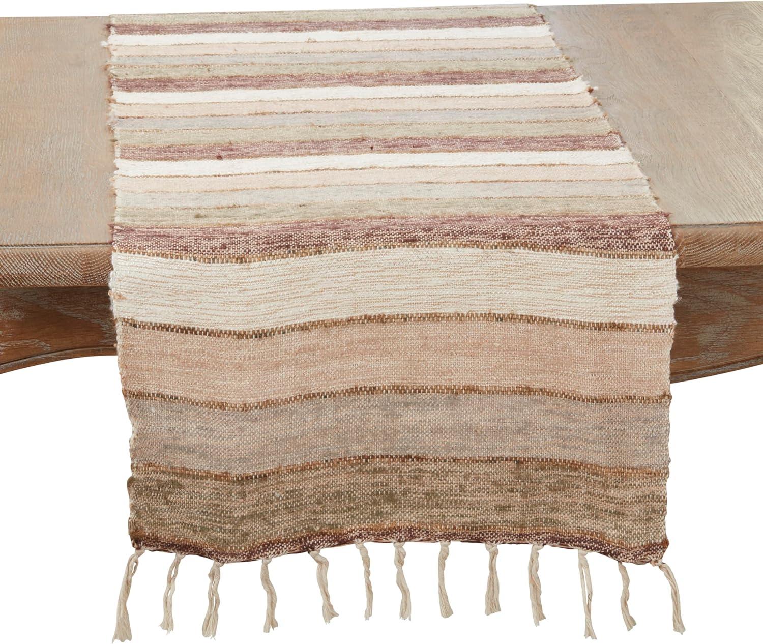 Rustic Beige and Brown Cotton Stripe Fringed Table Runner