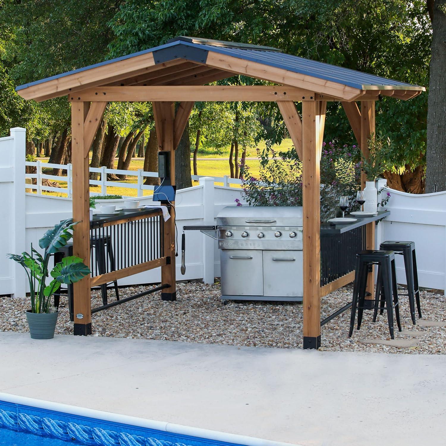 Backyard Discovery Backyard Discovery Granada 10' x 9' Cedar Wood Outdoor BBQ Grill Gazebo with Hardtop Galvanized Steel Roof and Bar Tops