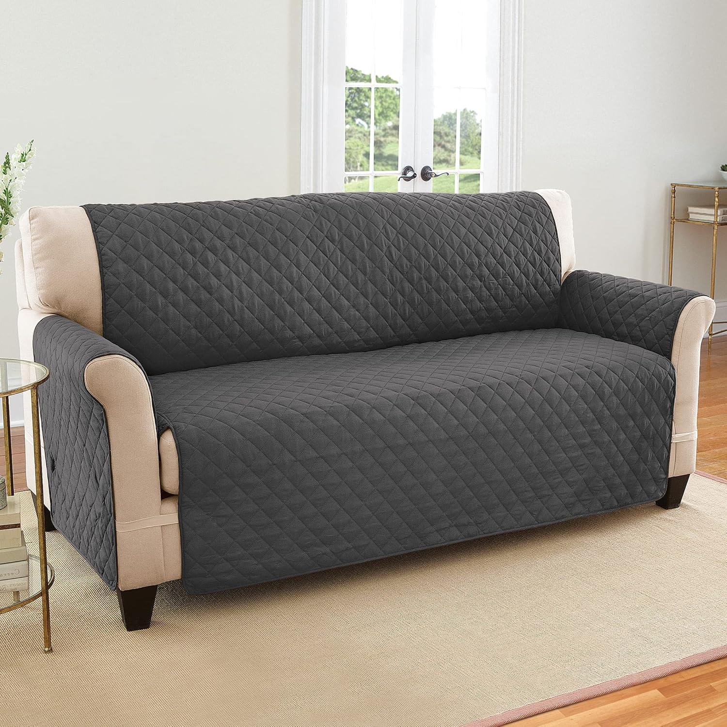 Collections Etc Reversible Spill Resistant Quilted Furniture Protector Cover with Ties - Covers Seat Bottom, Seat Back and 2 Seat Arms, Slate Grey/Silv, Sofa