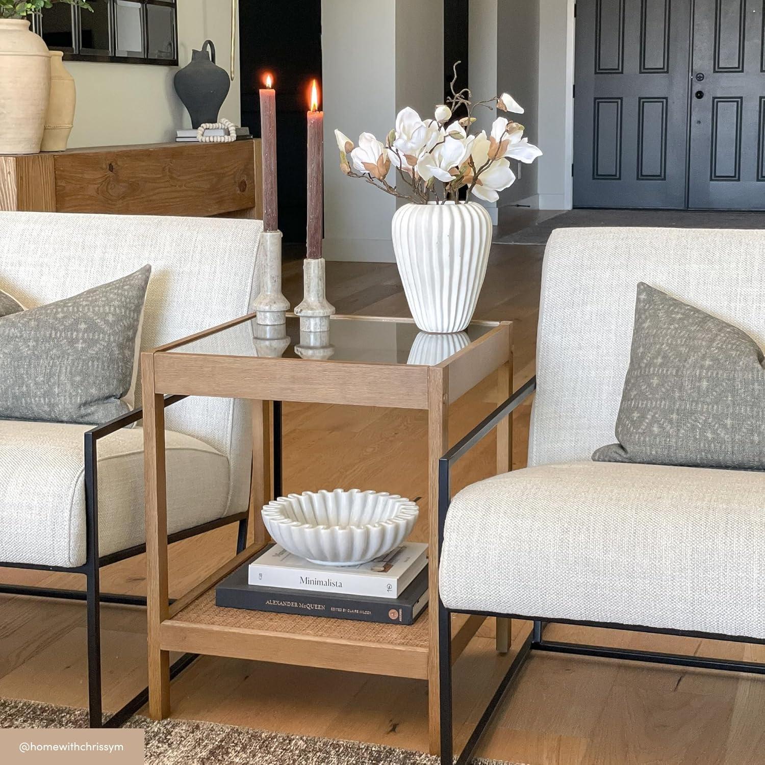 Hayes Solid Wood Rattan and Glass Top Side Table Brushed Light Brown - Nathan James