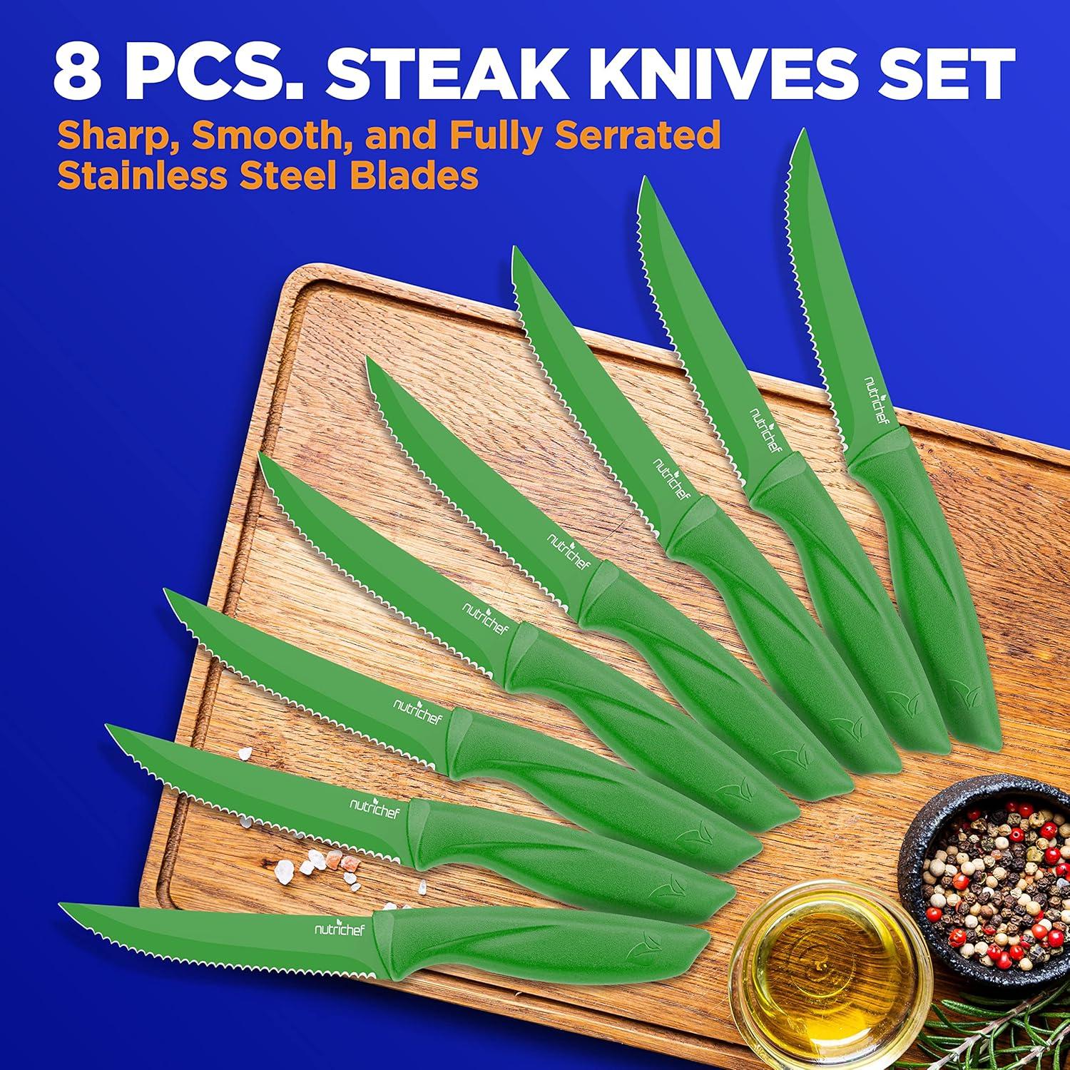 NutriChef 8-Piece Steak Knives Set with Non-Stick Coating and Stainless Steel Blades - Green