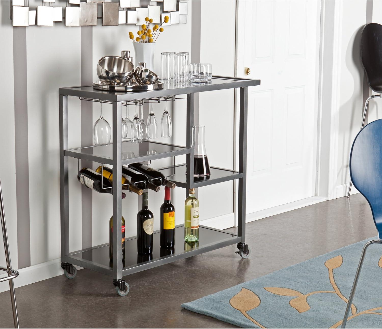 Gunmetal Gray Metal and Glass Bar Cart with Storage