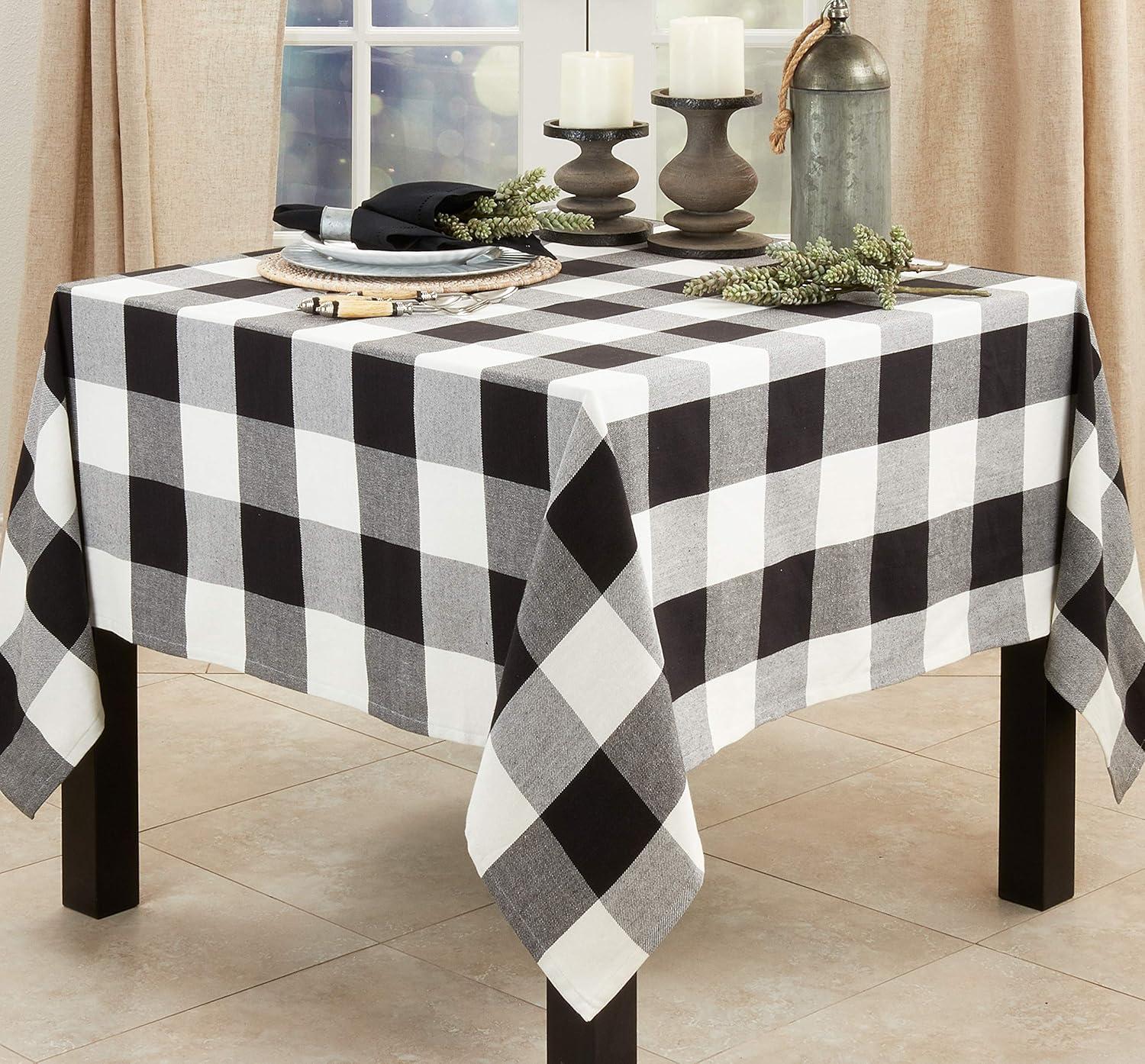 SARO 9025.BK70S 70 in. Square Buffalo Plaid Check Pattern Design Cotton Tablecloth  Black