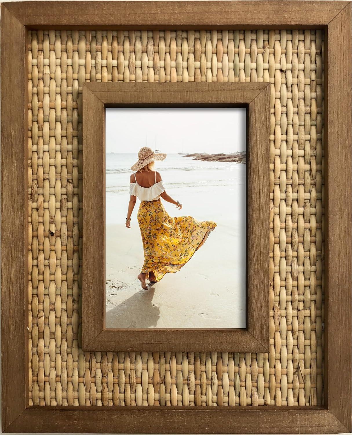 Rattan and Wood Picture Frame for 5x7 Inch Photos | Coastal or Boho Picture Frame | Tabletop Stand and Wall Mount | Single Display or Gallery Wall