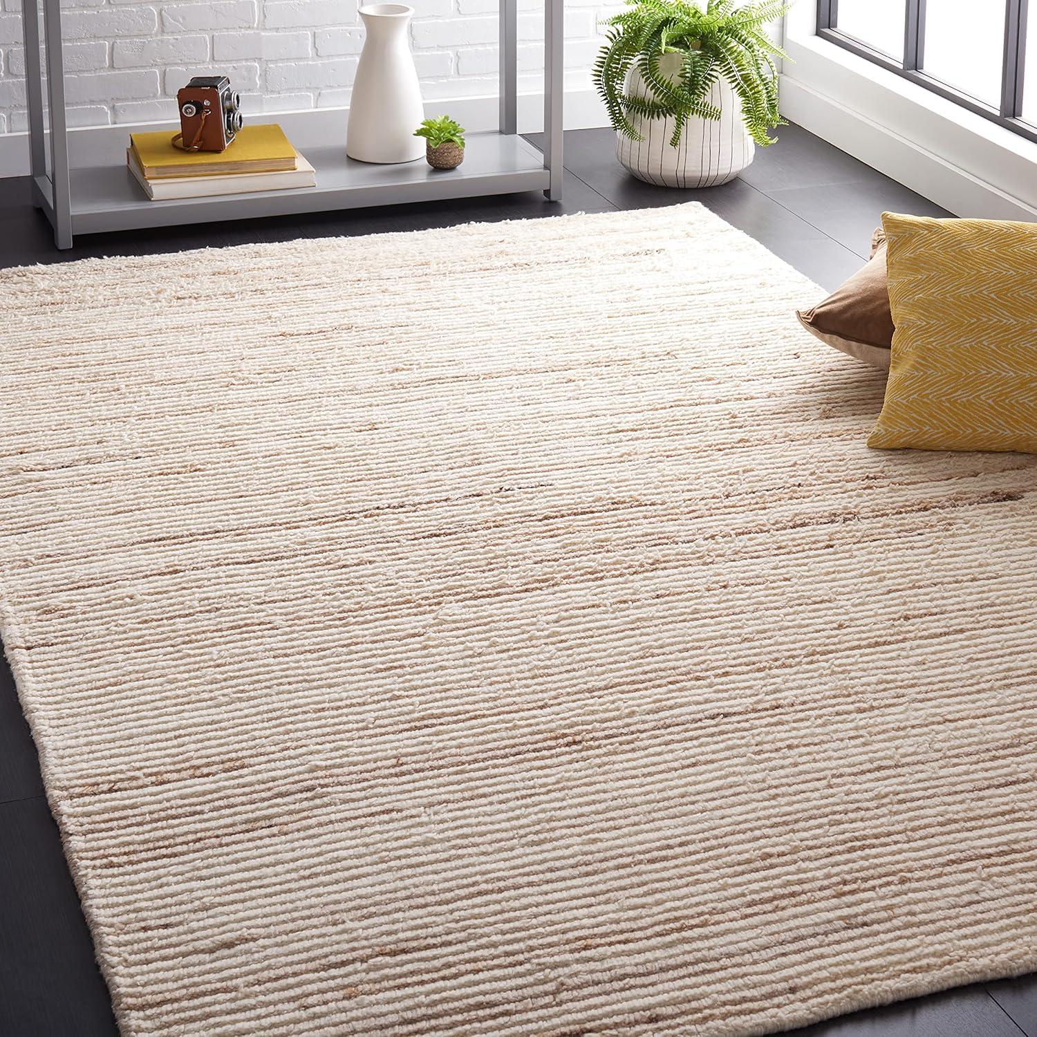 Ivory and Beige Handmade Wool Shag Rug, 8' x 10'