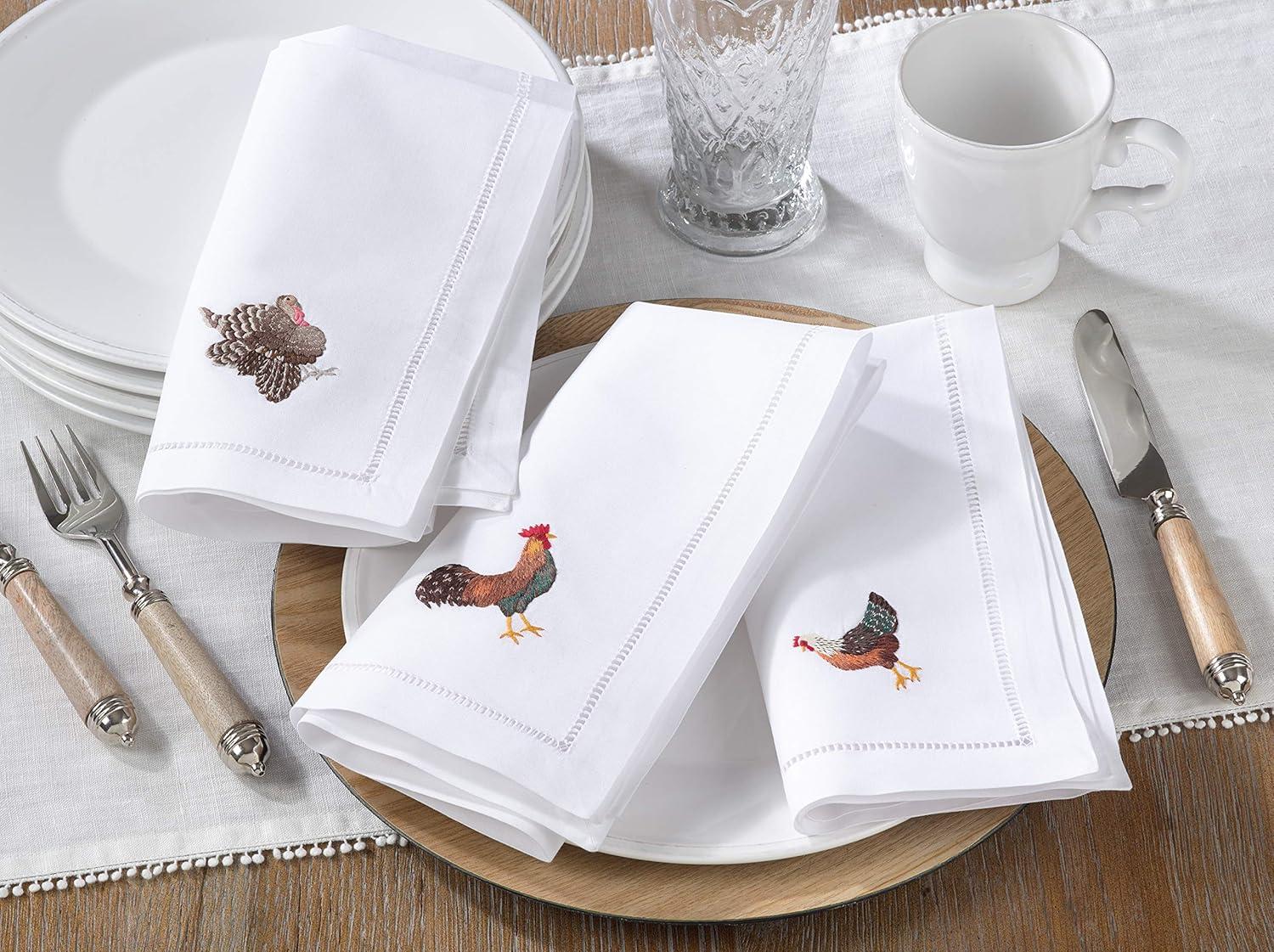 Saro Lifestyle Embr'd Turkey Hemstitch Napkin, 20" Square, White (Set of 6)