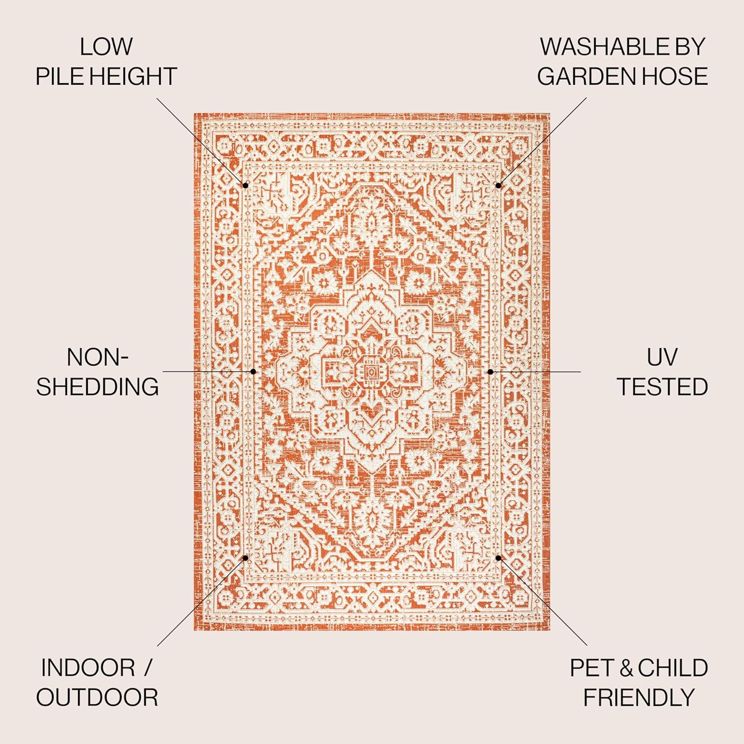 4' x 6' Sinjuri Medallion Textured Weave Indoor/Outdoor Area Rug, Orange/Cream - JONATHAN Y