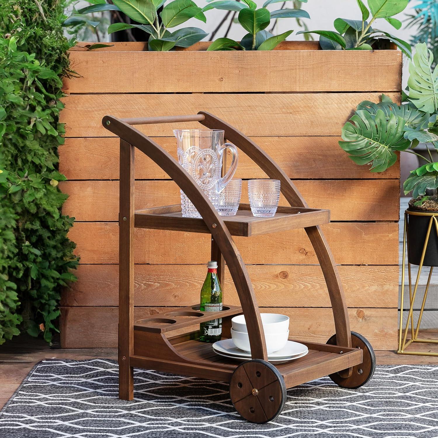 Linon Chandler Acorn Finished Acacia Wood Outdoor Bar Trolley with Three Bottle Glass Holders